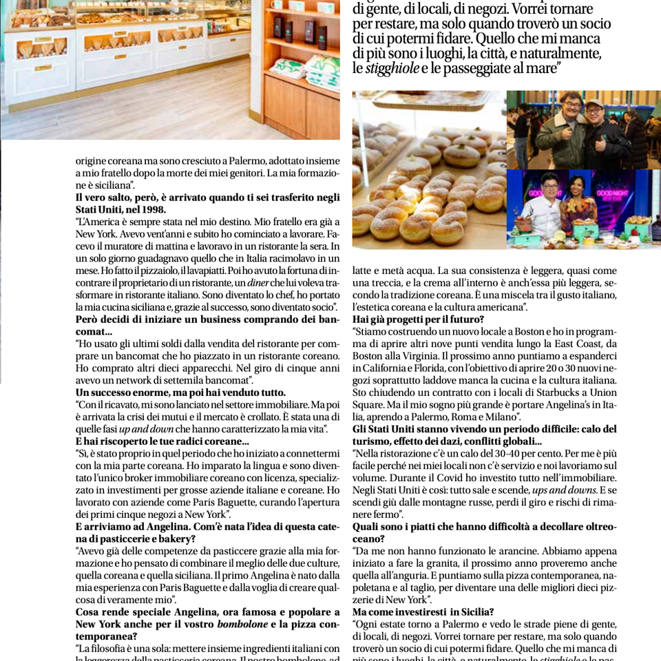 Magazine page featuring a bright bakery interior, trays of pastries, restaurant owners, and Italian-language interview text.