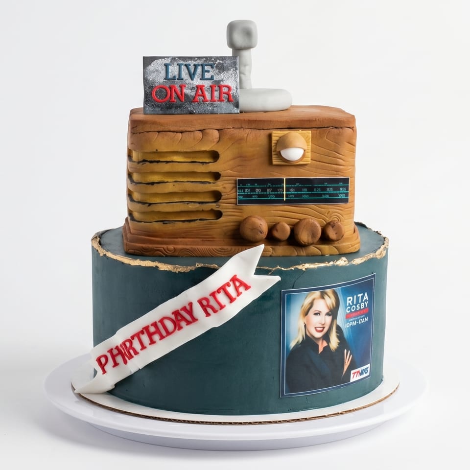 Two-tier cake with a vintage radio on top, "LIVE ON AIR" sign, and "BIRTHDAY RITA" banner.