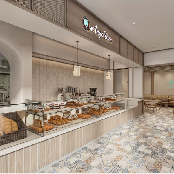 Rendering of the Angelina bakery counter with pastry displays and patterned tile floor.