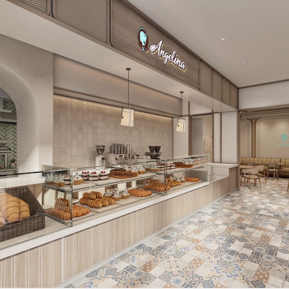 Rendering of the Angelina bakery counter with pastry displays and patterned tile floor.