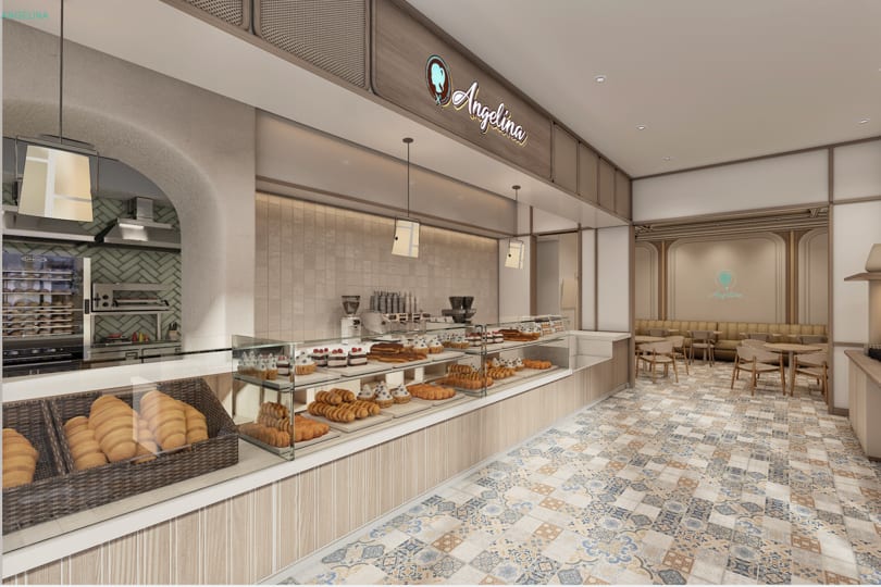 Rendering of the Angelina bakery counter with pastry displays and patterned tile floor.