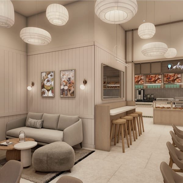 Rendering of the Angelina cafe lounge seating with sofa, lounge chairs, and green banquette.