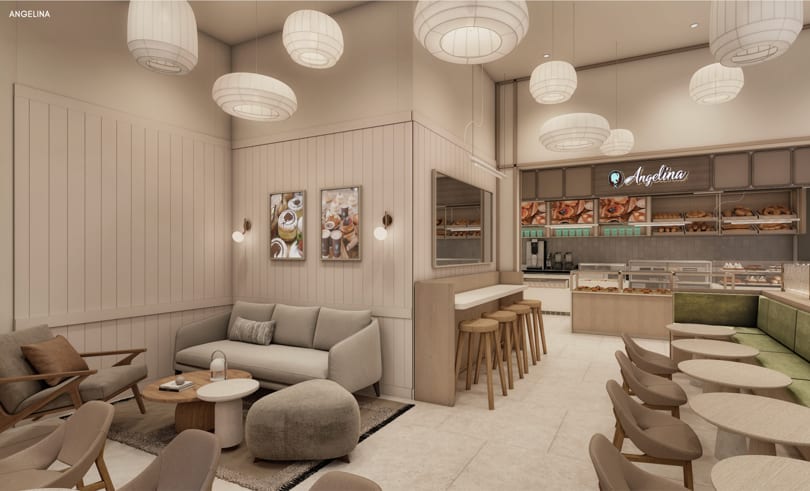 Rendering of the Angelina cafe lounge seating with sofa, lounge chairs, and green banquette.