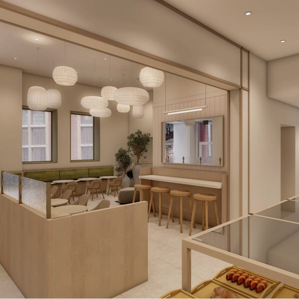 Rendering of the Angelina cafe seating area with pendant lanterns and banquette.