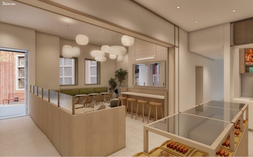 Rendering of the Angelina cafe seating area with pendant lanterns and banquette.