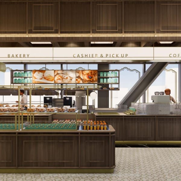 Rendering of an Angelina bakery counter with Bakery, Cashier & Pick Up, and Coffee Bar stations under a suspended wood canopy.