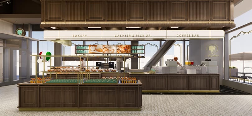 Rendering of an Angelina bakery counter with Bakery, Cashier & Pick Up, and Coffee Bar stations under a suspended wood canopy.