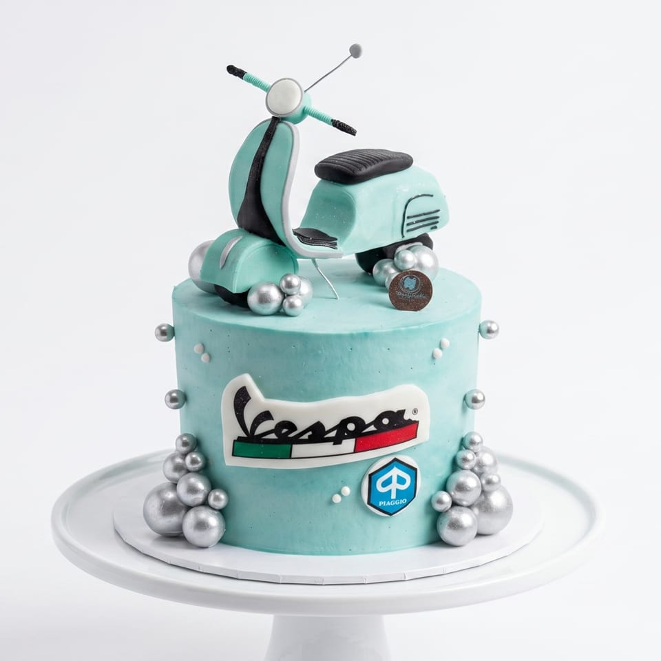 A light blue Vespa-themed cake with a miniature scooter on top and silver edible pearls.