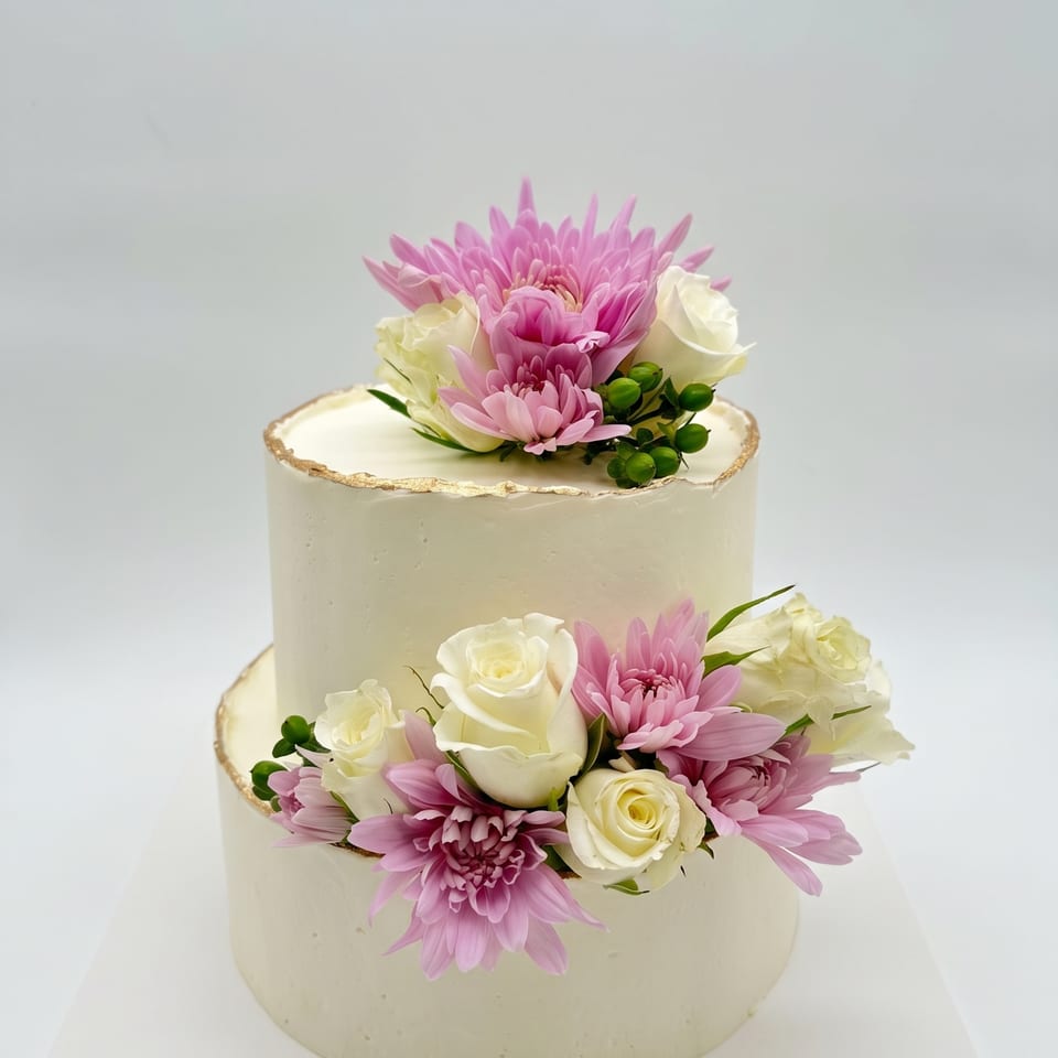 A two-tiered white buttercream cake with gold trim, topped with white roses and pink chrysanthemums.