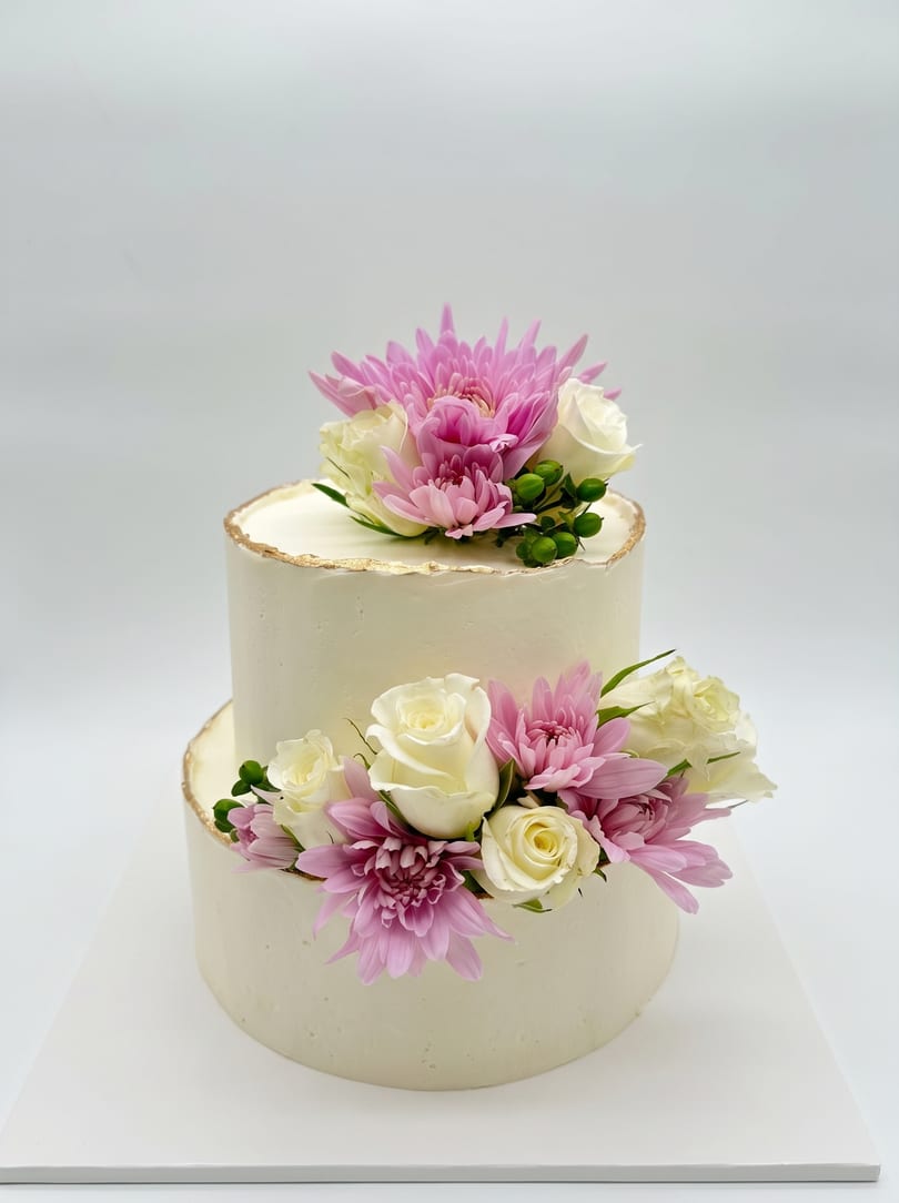 A two-tiered white buttercream cake with gold trim, topped with white roses and pink chrysanthemums.