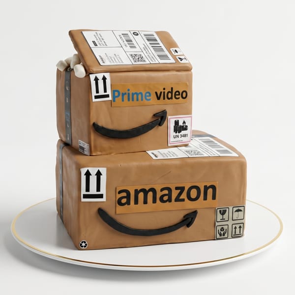 A two-tiered cake designed as stacked Amazon Prime boxes, on a white plate with a gold rim.