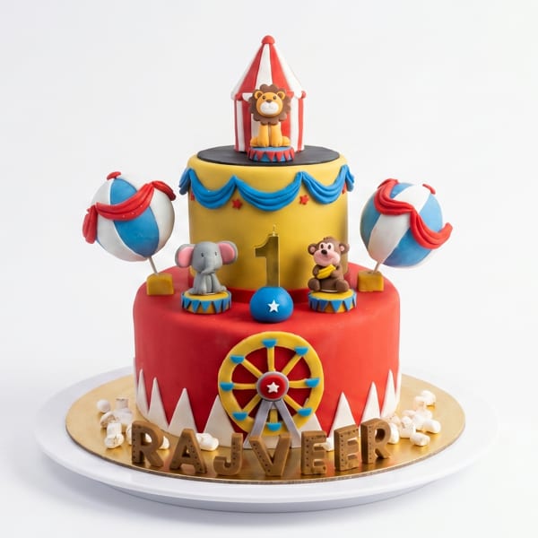 A vibrant, two-tiered circus-themed birthday cake with animal figurines, a Ferris wheel, and the name "RAJVEER".