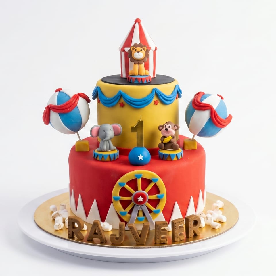 A vibrant, two-tiered circus-themed birthday cake with animal figurines, a Ferris wheel, and the name "RAJVEER".