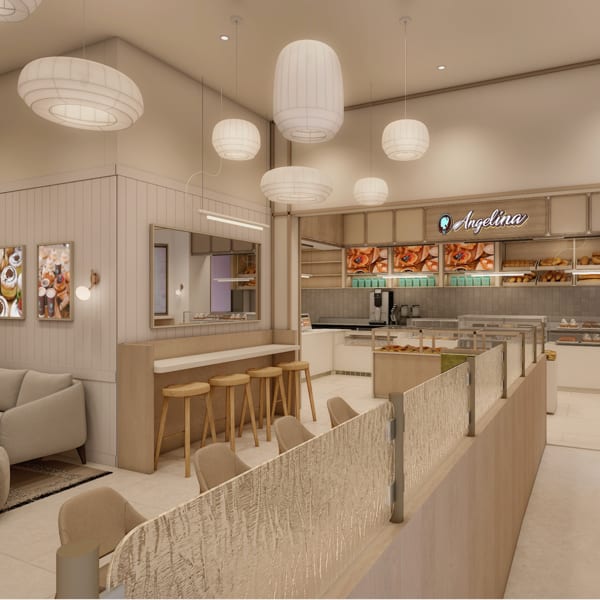 Rendering of the Angelina cafe lounge with sofa, bar stools, and bakery counter.