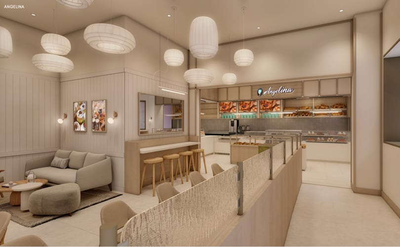 Rendering of the Angelina cafe lounge with sofa, bar stools, and bakery counter.