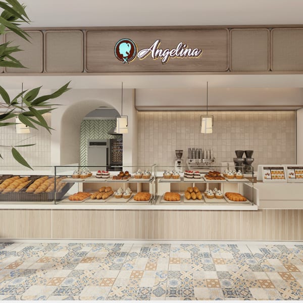 Rendering of the Angelina bakery front counter and display cases with greenery.