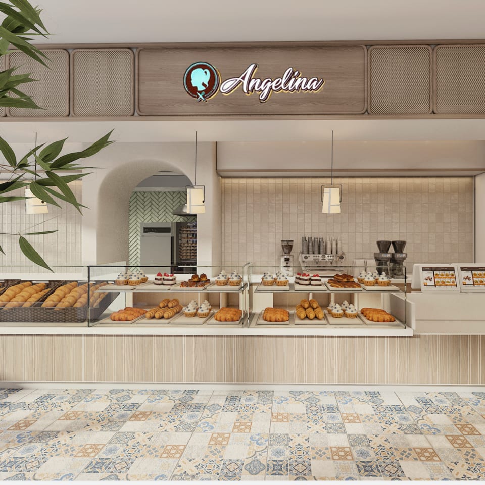 Rendering of the Angelina bakery front counter and display cases with greenery.
