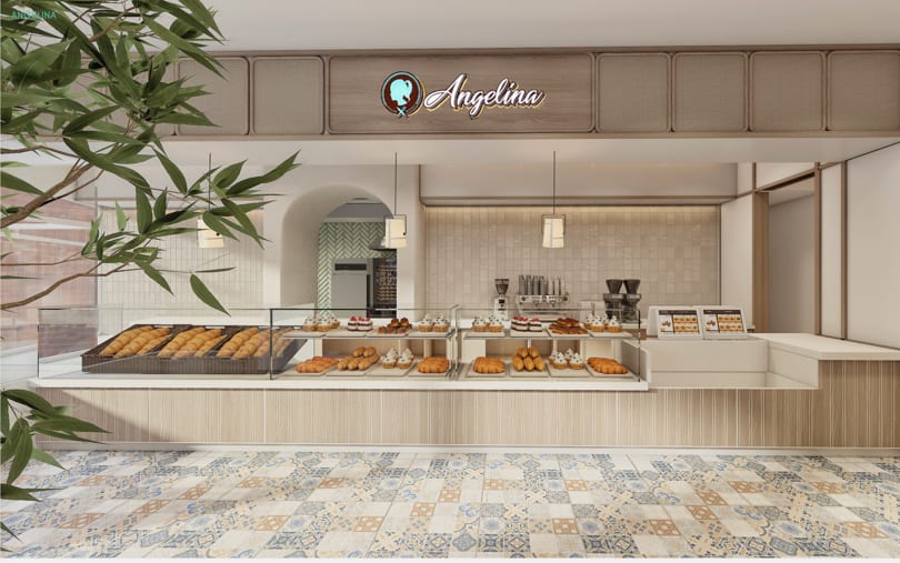 Rendering of the Angelina bakery front counter and display cases with greenery.