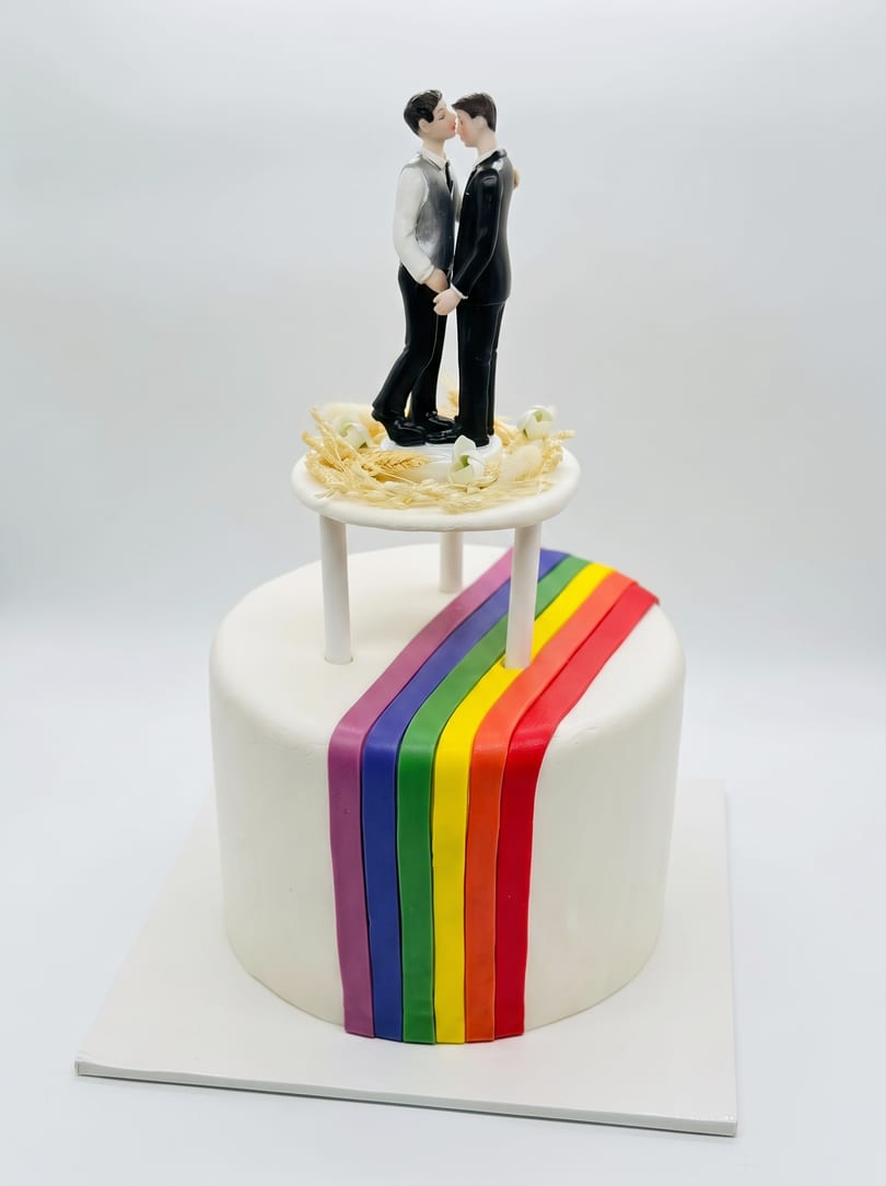 A white wedding cake with a rainbow fondant stripe and two-groom cake topper surrounded by wheat and calla lilies.