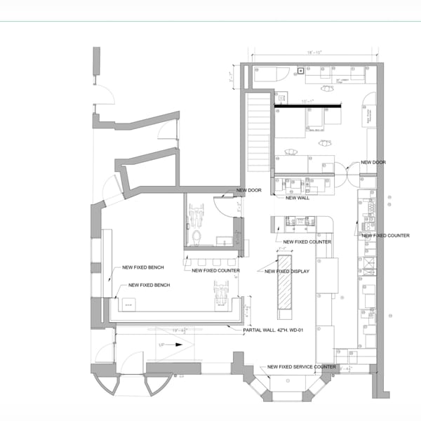 Angelina store floor plan showing new fixed counters, benches, and service counter.
