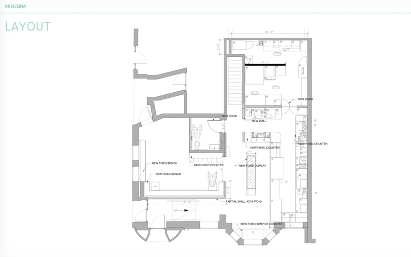 Angelina store floor plan showing new fixed counters, benches, and service counter.