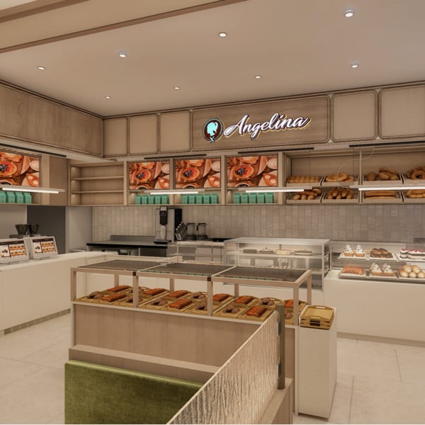 Rendering of the Angelina bakery interior with display island and illuminated menu boards.