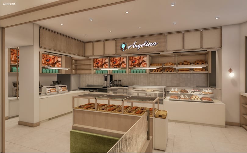 Rendering of the Angelina bakery interior with display island and illuminated menu boards.