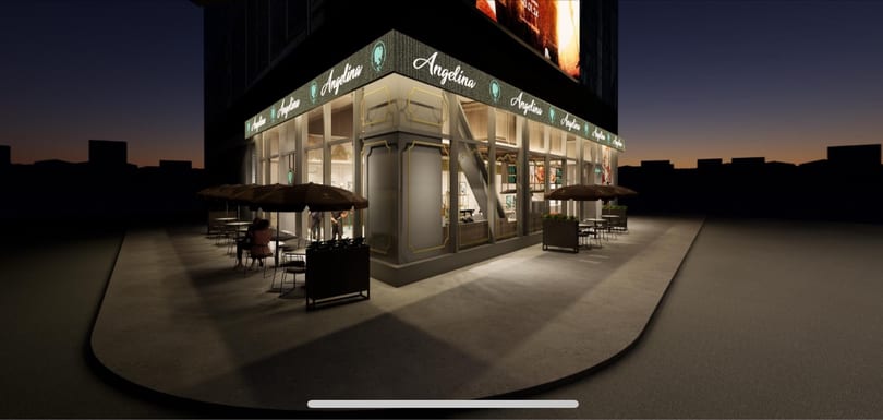 Evening rendering of an Angelina corner storefront with illuminated signage and outdoor cafe seating under umbrellas.