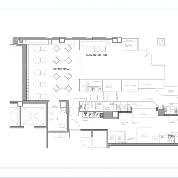 Angelina store floor plan showing dining area, service station, and kitchen equipment.