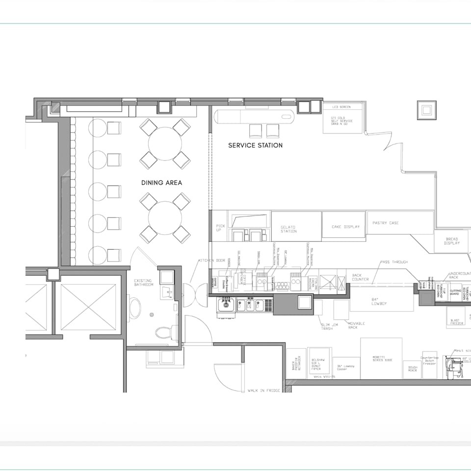 Angelina store floor plan showing dining area, service station, and kitchen equipment.