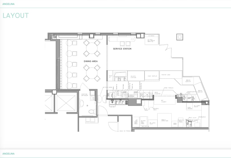 Angelina store floor plan showing dining area, service station, and kitchen equipment.