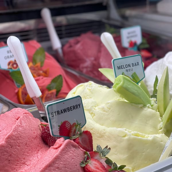 Gelato case with Strawberry, Melon Bar, and Blood Orange flavors garnished with fresh fruit and labeled markers.