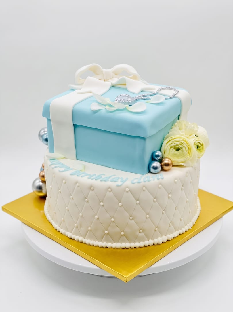 A Tiffany-blue gift box cake with a white fondant bow, jewelry detail, and pearls atop a white quilted tier reading 'Happy Birthday'.