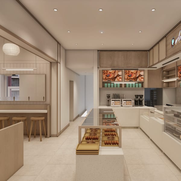Rendering of the Angelina cafe with central pastry display, bar seating, and coffee station.