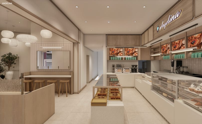 Rendering of the Angelina cafe with central pastry display, bar seating, and coffee station.
