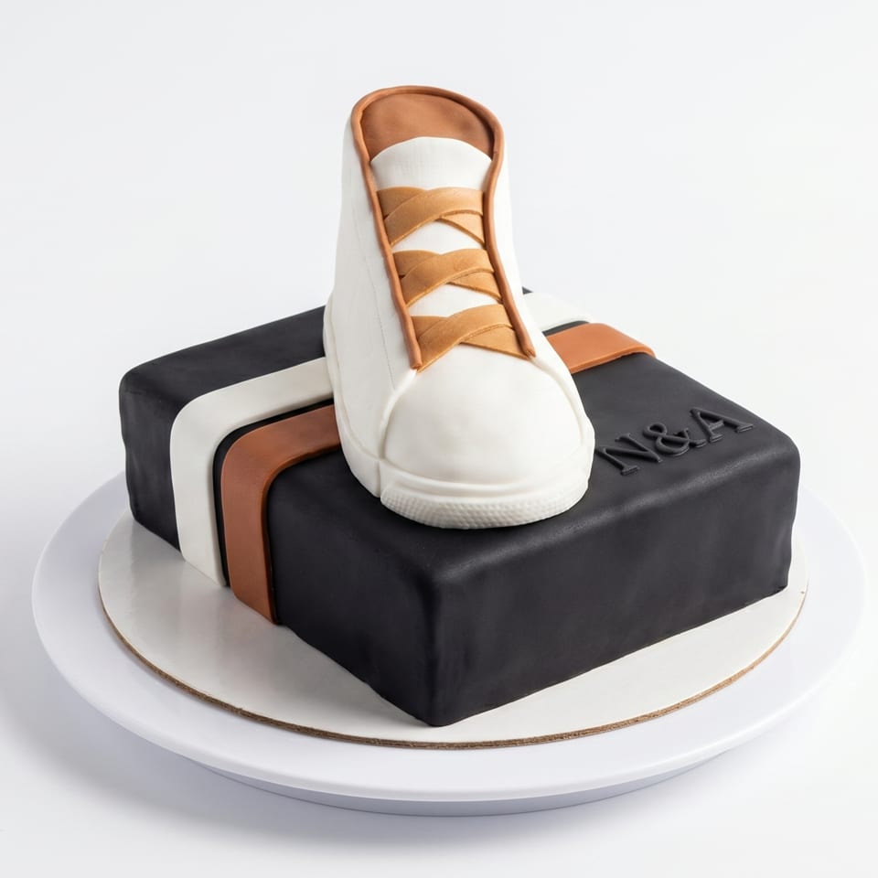 A black square cake with white and brown stripes, topped with a white and brown sneaker.
