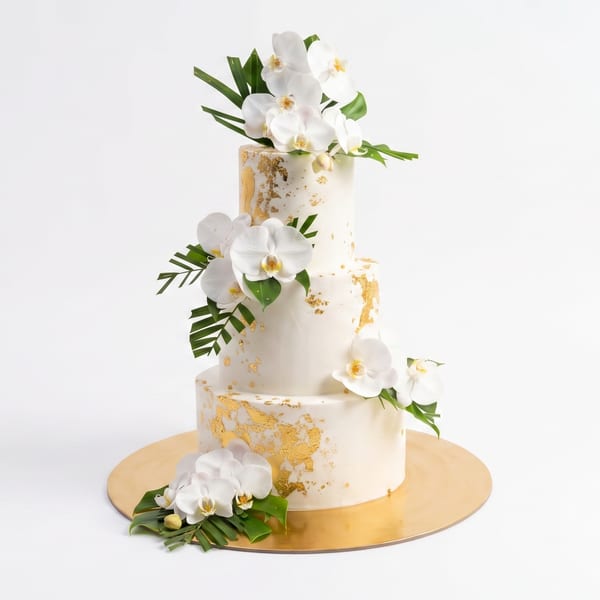 A three-tiered white wedding cake with gold leaf detailing, white orchids, and tropical greenery on a gold base.