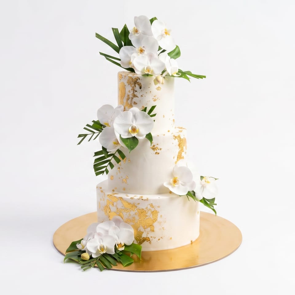 A three-tiered white wedding cake with gold leaf detailing, white orchids, and tropical greenery on a gold base.