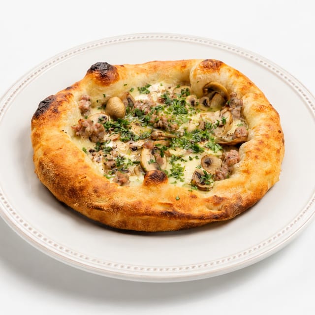 Porcini and Fennel Sausage Pinsa (Pizza).