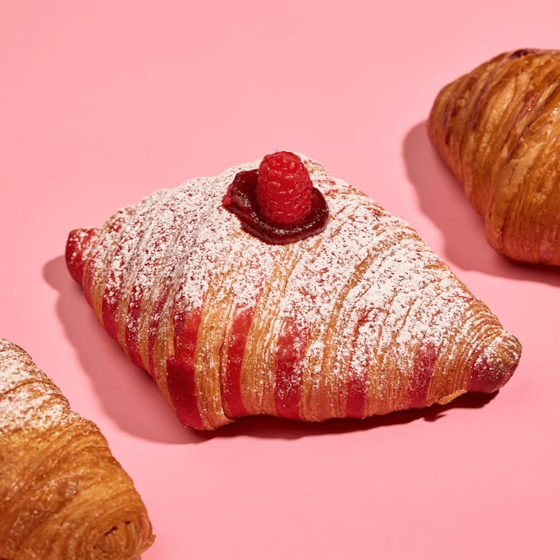 Raspberry croissant with powdered sugar and a fresh raspberry on top, on a pink background.