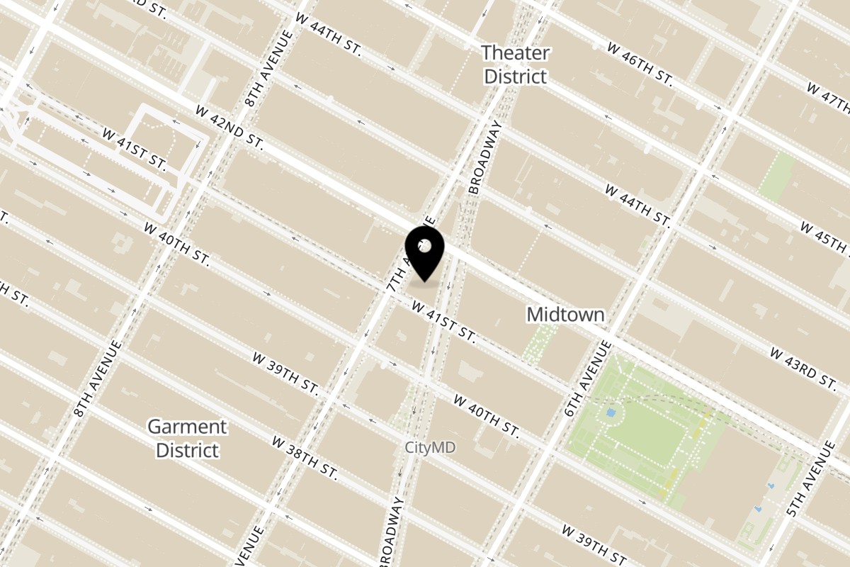 Map showing the location of Angelina Bakery 7 Times Square on 155 W 41st St in New York