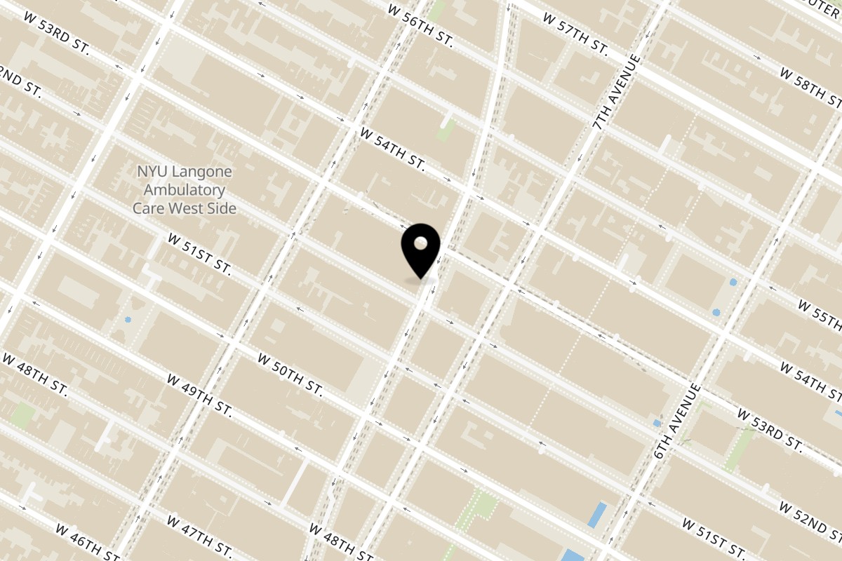 Map showing the location of Angelina Bakery Times Square NYC on 1675 Broadway in New York